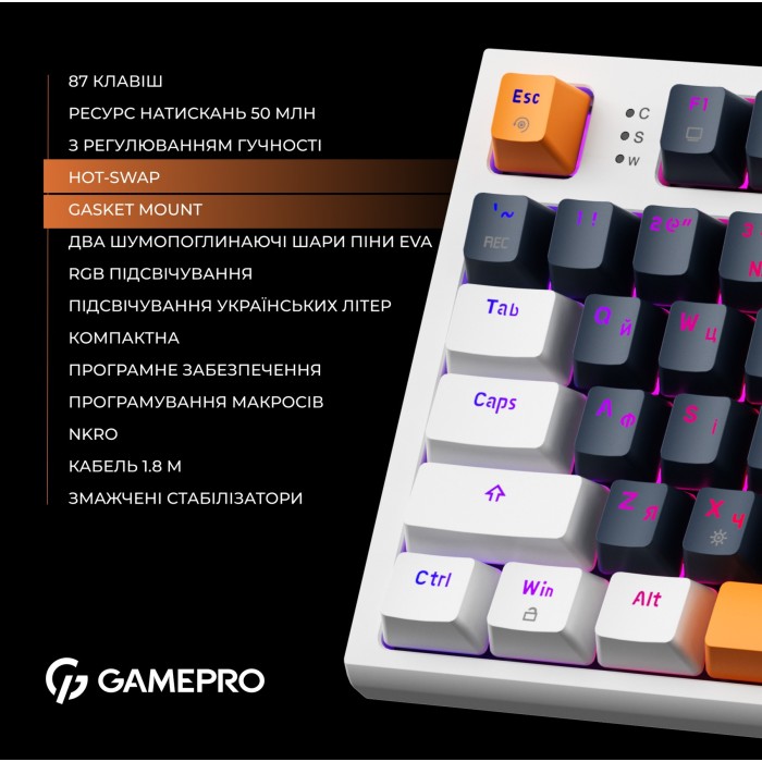 Дротова механічна клавіатура GamePro MK180W (Red) з Hot-Swap RGB White (MK180W)