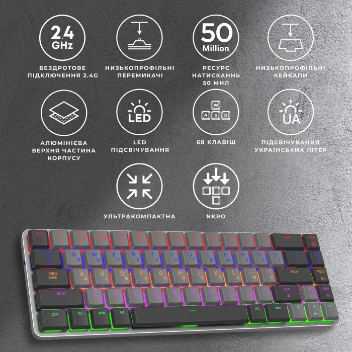 Бездротова механічна клавіатура GamePro MK122R Red Switch Low Profile Wireless Dark Gray (MK122R)