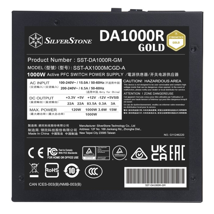 Блок живлення SilverStone Decathlon Cybenetics (1000W), >90%, 80+ Gold, 135мм, 1xMB 24pin(20+4), 2xCPU 8pin(4+4), 3xMolex, 12xSATA, 6xPCIe 8pin(6+2), 1x(12+4)pin, 1x12VHPWR, Fully Modular (SST-DA1000R-GM)