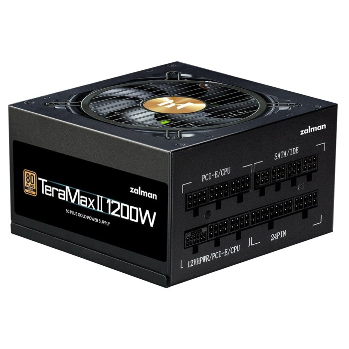 Блок живлення Zalman Teramax 2 (1200W), >90%, 80+ Gold, 120мм, 1xMB 28pin (18+10), 2xCPU 8pin(4+4), 3xMolex, 12xSATA, 4xPCIe 8pin(6+2), 1xPCIe GEN5 16pin, Fully Modular (ZM1200-TMX2)