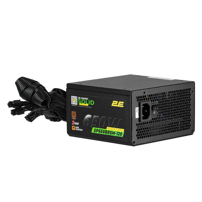 Блок живлення 2E GAMING Solid Power (650W), >85%, 80+ Bronze, 120мм, 1xMB 24pin(20+4), 2xCPU 8pin(4+4), 3xMolex, 6xSATA, 4xPCIe 8pin(6+2), Semi Modular (2E-SP650BRSM-120)